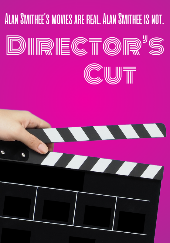 A hand reaches in from off screen, holding a film slate, against a bright pink background. At the top the image is the title, 'Director's Cut' with the tag line 'Alan Smithee's movies are real. Alan Smithee is not'.
