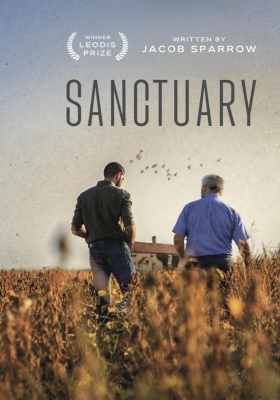 Two men stand in a corn field with their backs facing the camera. The title, 'Sanctuary', is at the top of the image