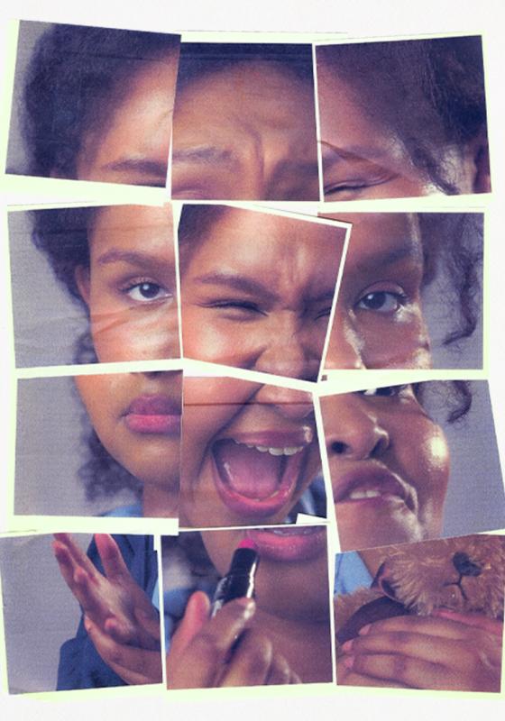 A collage of images showing portions of a black woman's face, looking in distress 