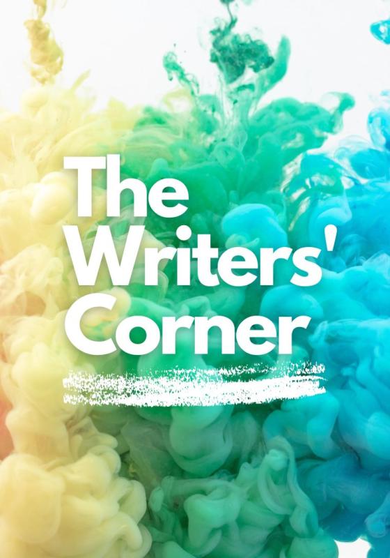 The Writers' Corner in white text with coloured smoke behind the writing.