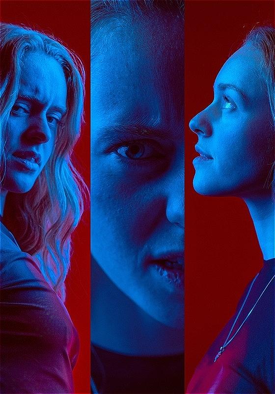 The image is divided into three sections. Each section features an individual, engulfed in blue light, staring intensely. There is bold red background which greatly contrasts with the blue light.