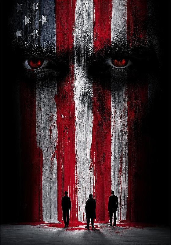 A background with the American flag, with red eyes staring through, and three shadowy figures below. 