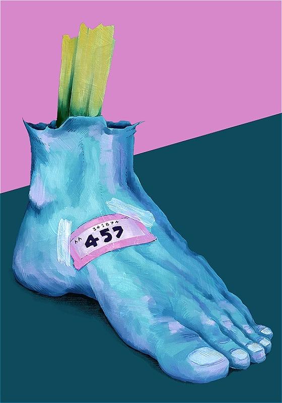 A painting of a blue amputated foot with a tombola ticket taped on it. 