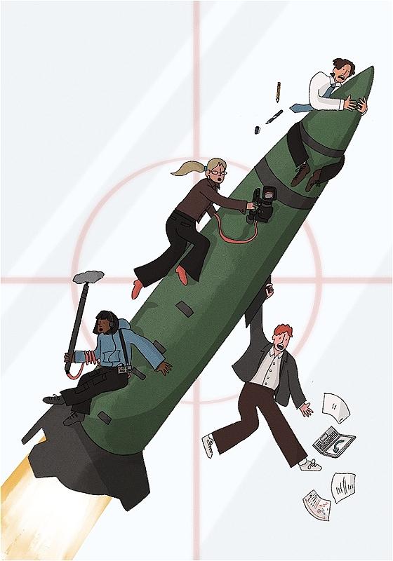 Four cartoons characters (a Black woman with black hair, a white ginger man, a white blonde woman and a white man with brown hair) are holding on to a war missile being fired up. They each have different film crew accessories and a red target circle is centered on the missile.