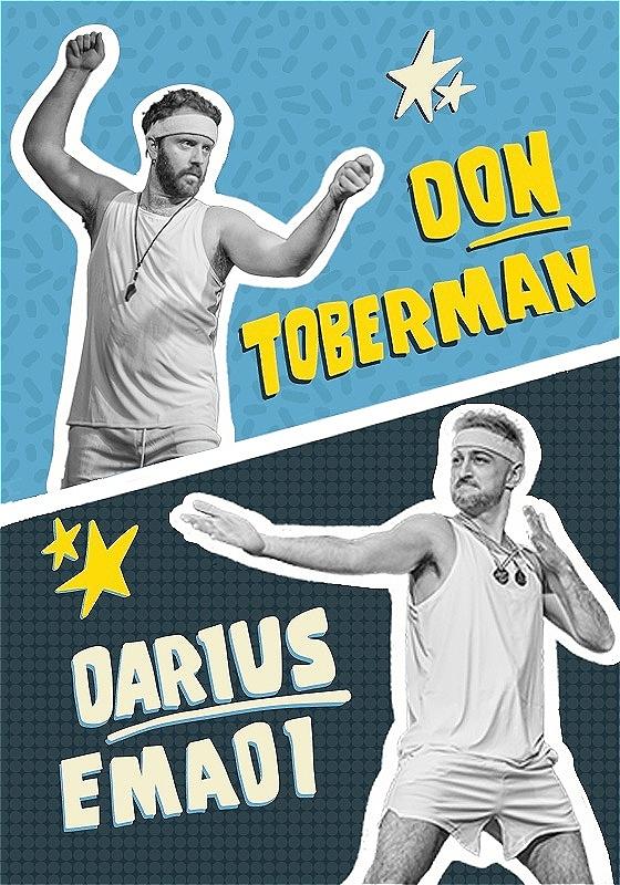 Two men in sports vest, shorts and white headbands appear to be jousting at each other.