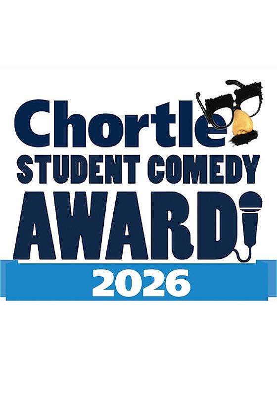The name of the show "Chortle Student Comedy Award 2026" is written in dark blue letters over a white background. There is a fake glasses and nose in the top right corner and a microphone connected to the letter D of the word "award".