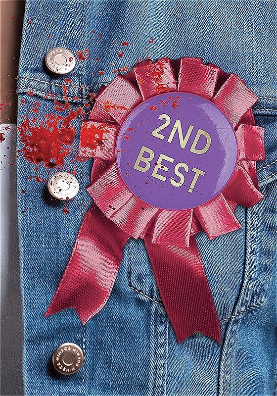 A jean jacket with a 2nd best rosette and a blood splatter. 