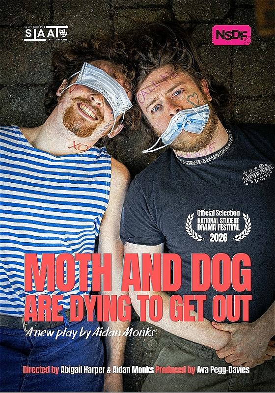 A bird's-eye view of two white men with messy brown hair and beards, lying down on a concrete floor. One of them is smiling and has a covid face mask over his eyes and the other one is eating his face mask. They both have colourful pen writing on their faces like the ones kids do in school. The title "Moth and dog are dying to get out" is written at the bottom of the picture in red letters.