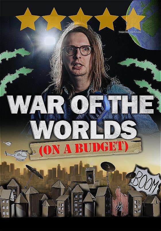 A low budget looking poster featuring a man with a wide-eyed, frightened expression front and centre. Around him are cartoon illustrations of small helicopters and houses, as well as a comic-book-style BOOM! explosion graphic. The title is splashed across the front in large lettering.