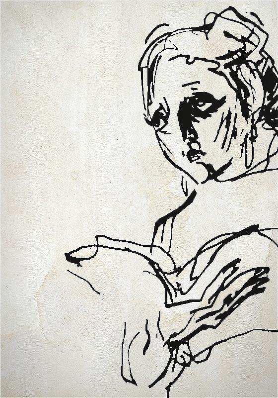 A simple sketch of a woman gazing into the distance with a somber expression. She is holding an open book but she is not reading it.