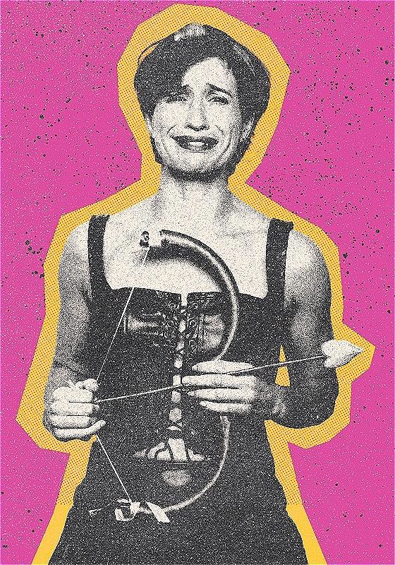 A scrapbook style image of an individual dressed in leather holding a heart shaped bow and arrow. They appear to be crying as they stare directly at the camera. The pink and orange backdrop is layered in texture.
