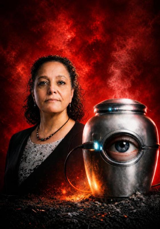 Lubna looks forward against a dark background. Further forward sits an urn with a hole in it showing an eye peering through. The urn is plugged in and smoke is emanating from it. 