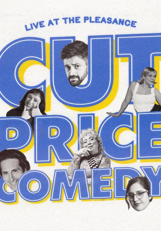 Cut Price Comedy in blue text with the performers heads dotted around