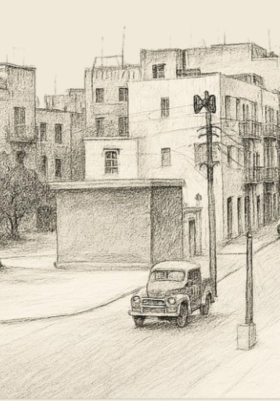 A black and white pencil sketch of an urban street. Vintage cars drive along the road and a few pedestrians can be seen strolling by.