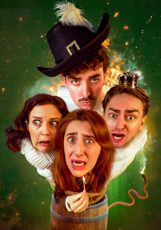 Four performers' heads (two white men and two white women) are floating over a wooden barrel, wearing Guy Fawkes attire and different facial expressions of fear and surprise.