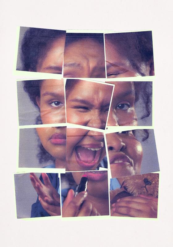 The performer Maryam Garad, a Black woman with black afro hair and dark pink lipstick, has her face divided in twelve small picture squares, each of them featuring a different facial expression. In the lower right corner square is her hand holding a teddy bear.