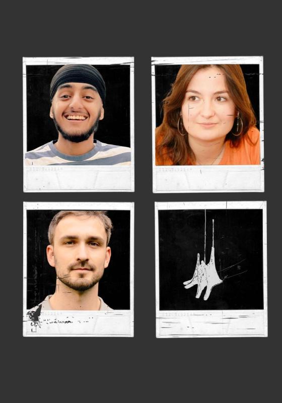 Four polaroid style photos laid out in a square. Three of them have the face of two men and a woman, the fourth has an abstract black and white image. 