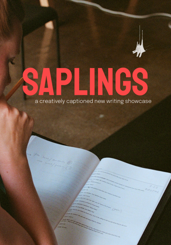 Title Saplings in the centre, above the image of an open book that has a hand holding a pencil positioned above it.