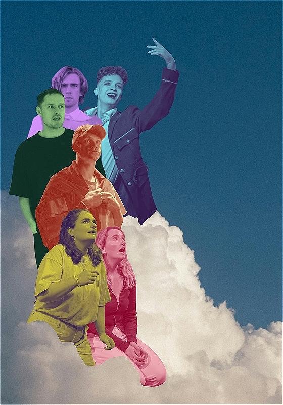 6 people all washed with different colours, are on top of a cloud.