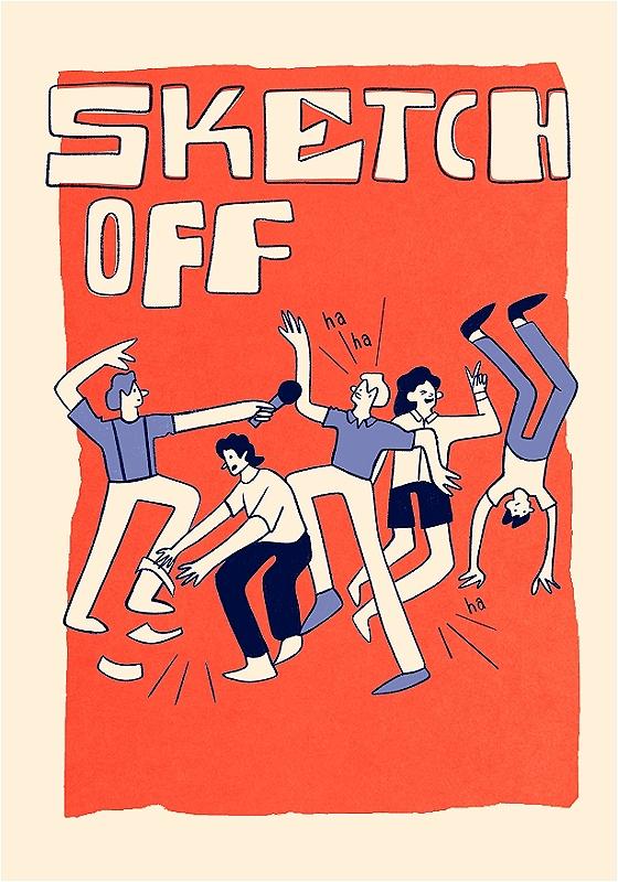 A sketch of a group of performers acting silly onstage.