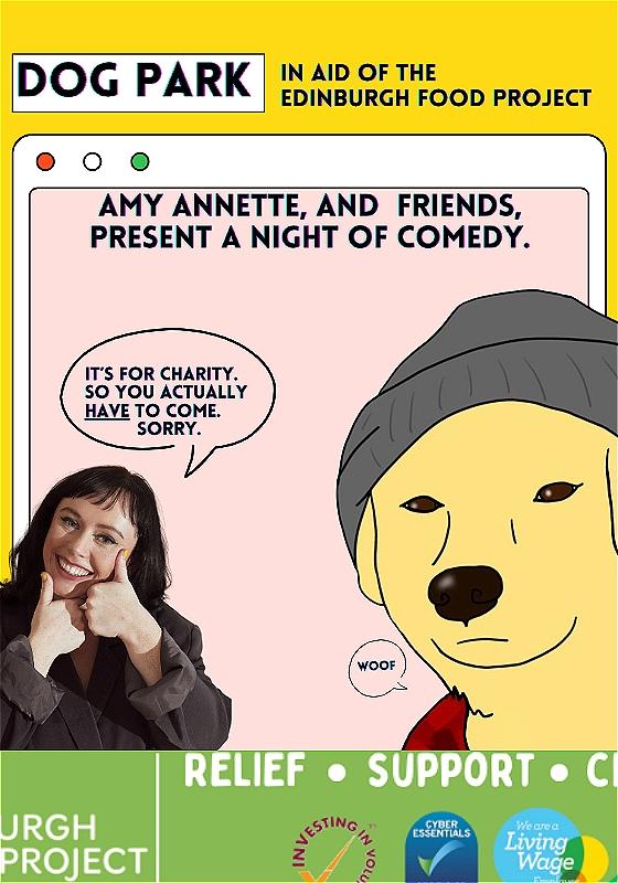 A drawing of a dog in a grey beanie is in front of a drawing of a tablet showing the show title. There is a picture of Amy, doing two thumbs up, with a speech bubble saying 'It's for charity so you actually have to come, sorry' 