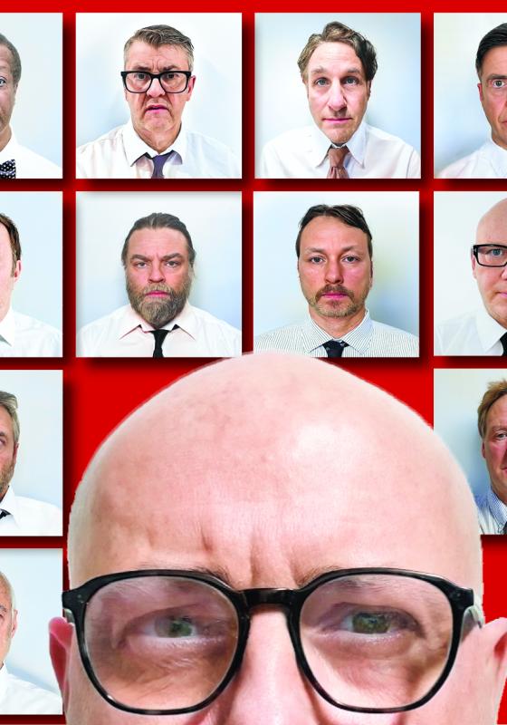 11 headshot type photos of the cast in suit and ties. One member of the cast is at the forefront of these headshots with only half their face visible.