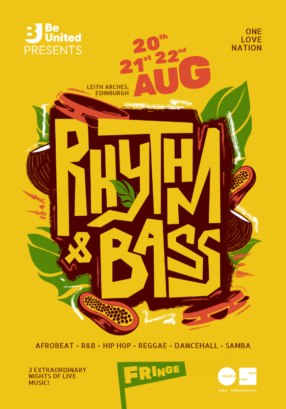 The text 'Rhythm & Bass' in funky yellow type with event information displayed around it. 