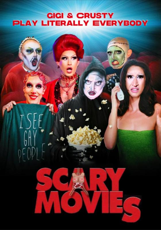 The performers in different as various horror movie characters sit in a movie theatre