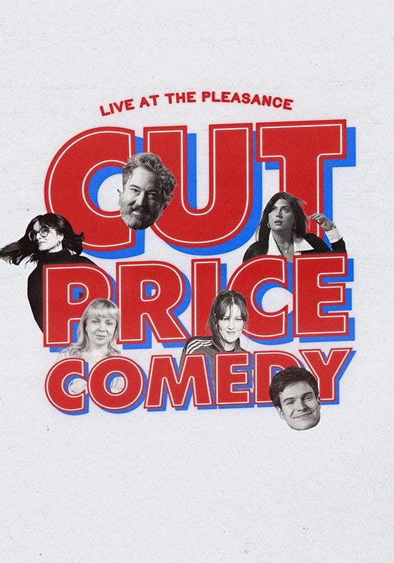 Cut Price Comedy in red text with the comedians heads floating around.