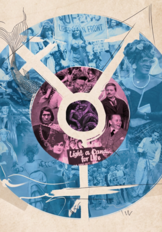 A blue coloured vinyl with a pink inner circle, with images of queer people in history appearing through the colours. 