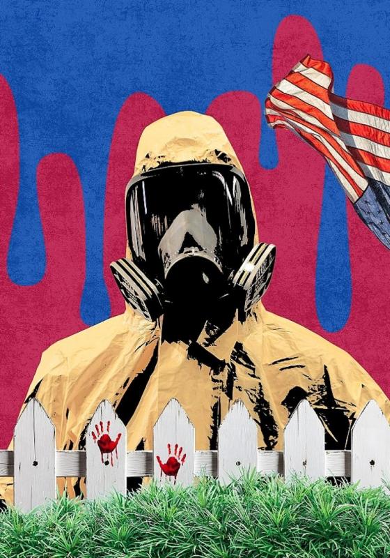 A person wearing a hazmat suit stands in front of a white picket fence with bloody handprints, behind them an upside down American flag on a pole as blue paint drips down a pink background.