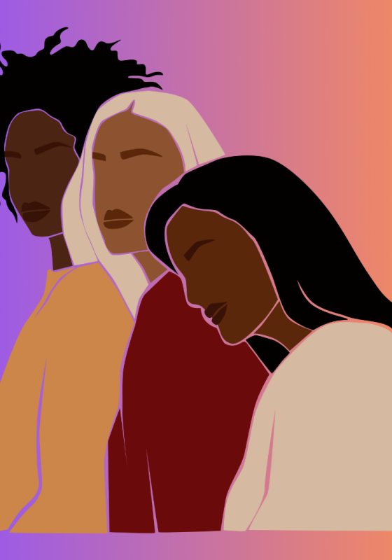 A pop art image of three women leaning on the next one's shoulder. Set against a purple and orange backdrop