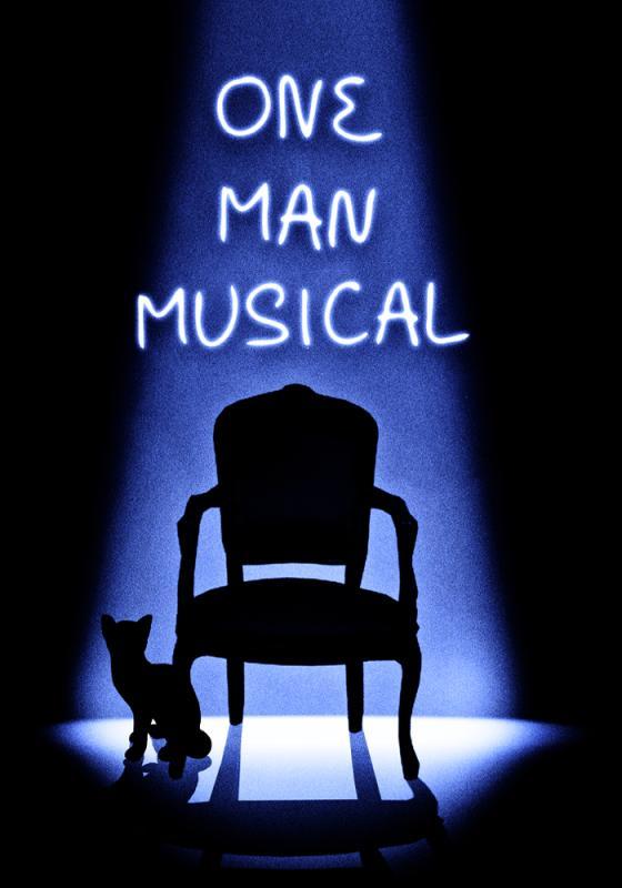 An empty chair is lit by a single spotlight. The outline of a cat can be seen at the spotlight's edge. Above the chair the show's title, One Man Musical, is written.