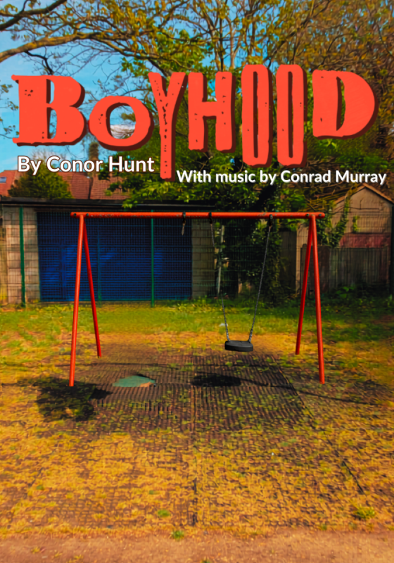 An abandoned swing set with only one swing attached is at the centre of the image. It is daytime in what looks to be someone's back yard. The show's title is written in bold red writing, the letters are vary in size and font. Underneath the title the show's writer, Conor Hunt, and Music Composer, 'Conrad Murray', are credited.