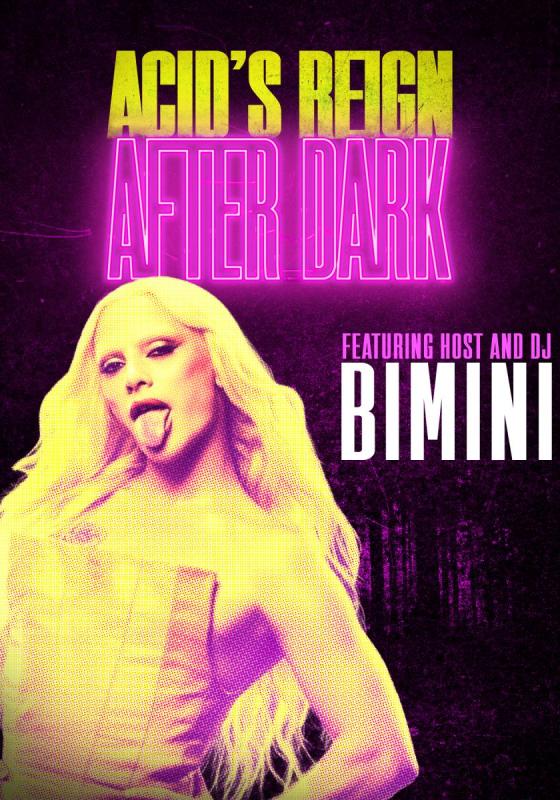 Thermal poster in purple and yellow featuring host and DJ Bimini.