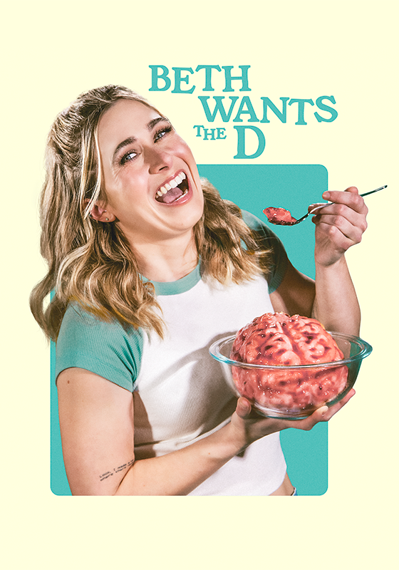 Beth laughs at the camera while eating a brain from a glass bowl with a spoon.