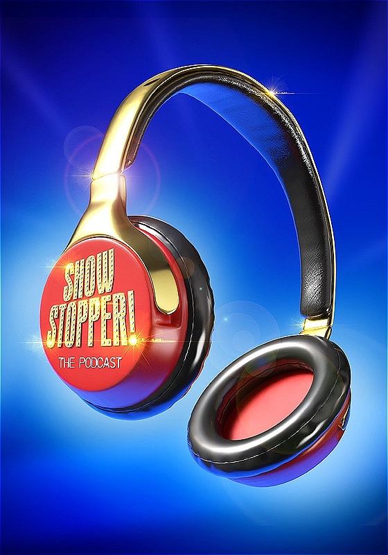 A pair of headphones with 'SHOWSTOPPER!' written across them against a blue backdrop.