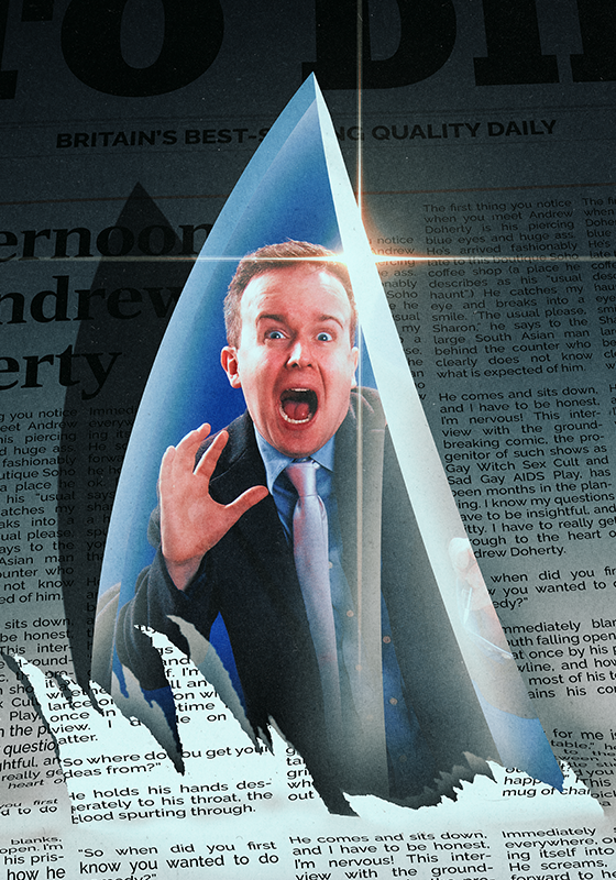 A knife cuts through a newspaper. Andrew Doherty's scared face is reflected in the knife.