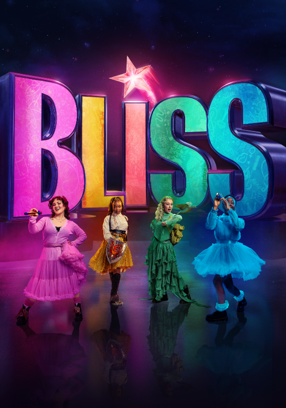 The word BLISS in large light up letters. 4 characters dressed in pink, orange, green and blue stand in front.