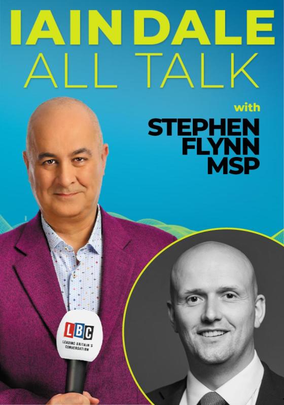 Host Iain Dale stares straight ahead with an LBC microphone wearing a purple blazer before a blue background. A photo of the guest in the bottom right corner.