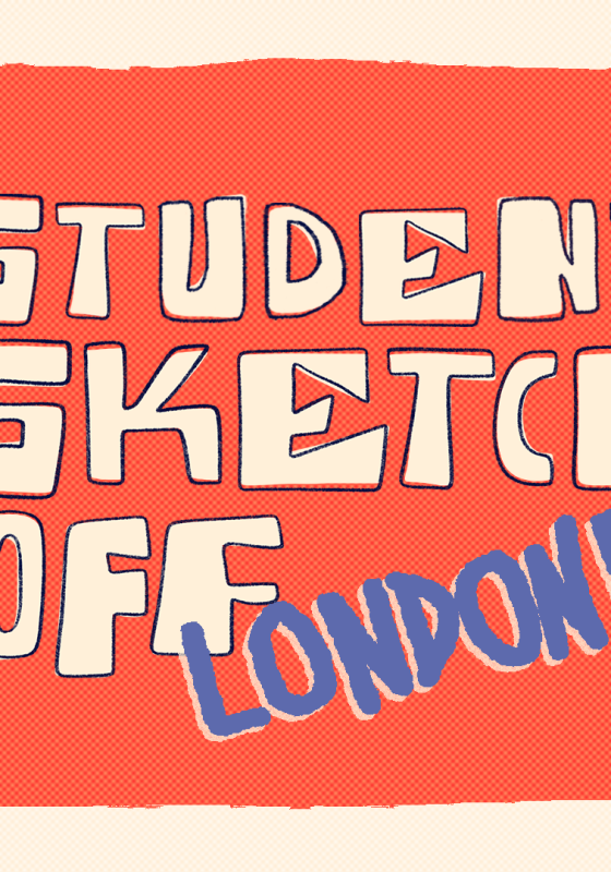 'Student Sketch Off London!' in white graphic font against an orange background