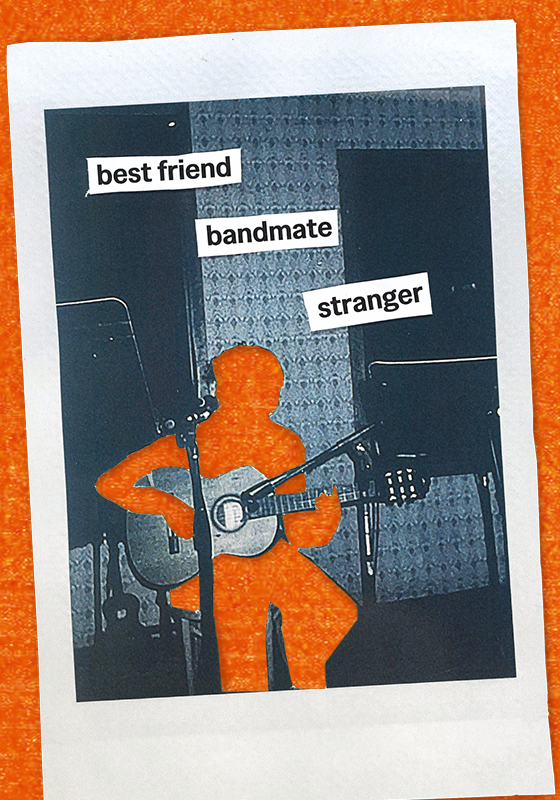 A polaroid of a red figure playing the guitar. Across the photo the words 'best friends, bandmate, stranger' are written.