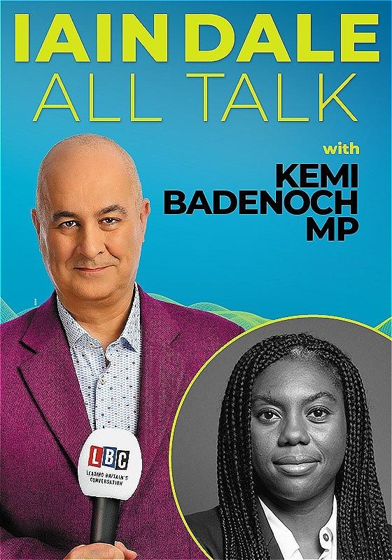Iain Dale holding a microphone with a picture of Kemi Badenoch MP in the corner.