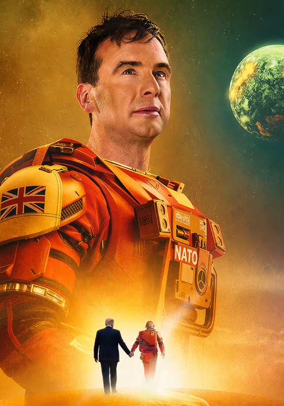 Matt Forde wearing a NATO space suit, the earth is the in the background and two figures in the foreground are walking into a bright light. 