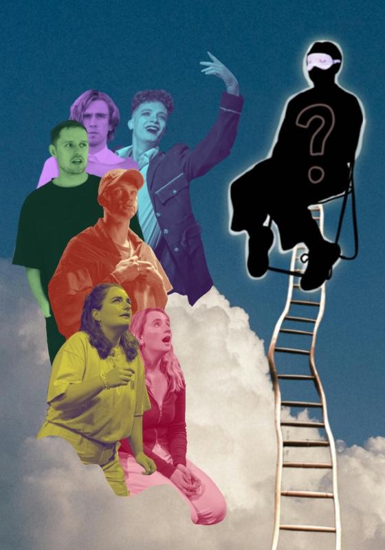 Six people washed in different colours are on a cloud, looking over at a ladder appearing from below. At the top of the ladder sits a silhouette of a person in a blindfold