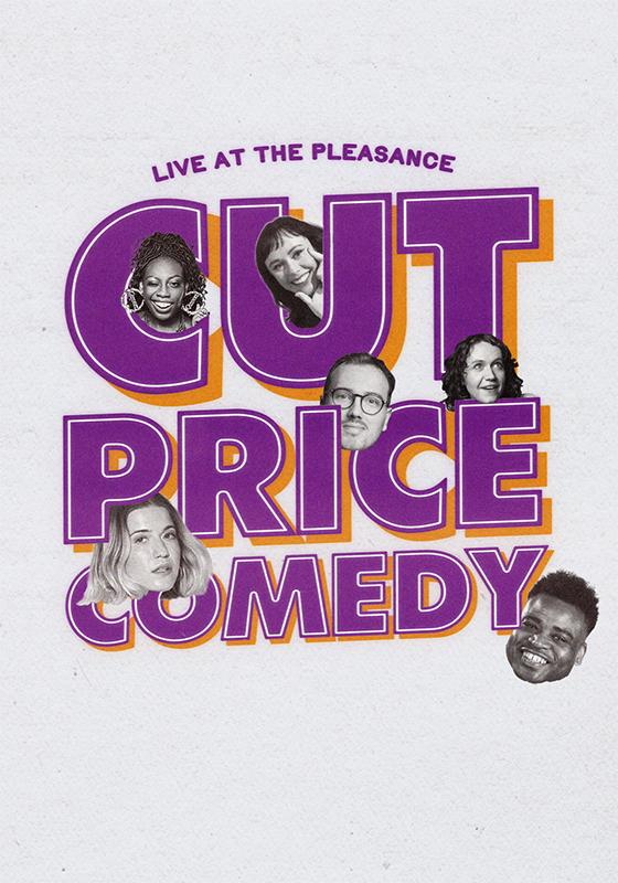 Cut Price Comedy in purple with the acts heads floating around.