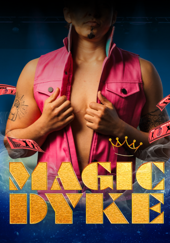 Chest shot of the performer opening a pink leather waistcoat. The title below in gold.