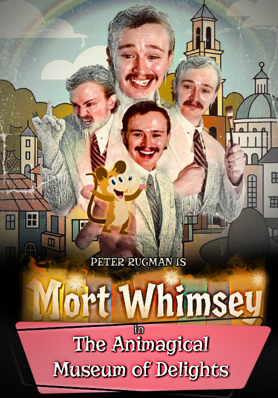 Four images of Peter Rugman in front of a cartoon town. He is wearing a white suit. In the front-most image of him, he is holding out his hand which is holding a happy cartoon mouse.
