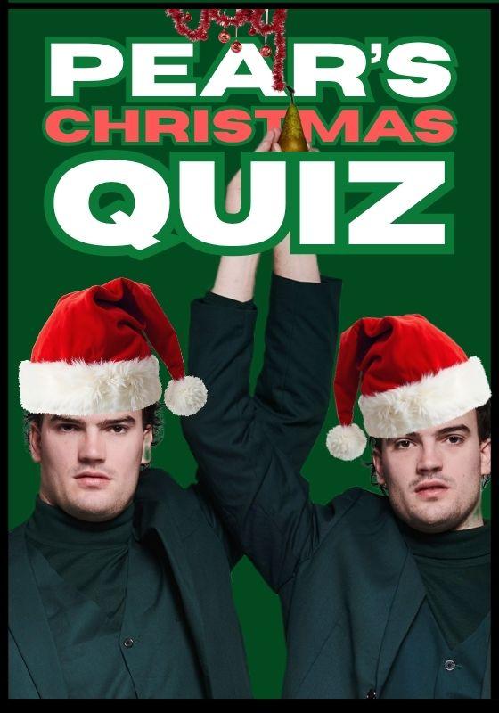 The Pear twins wearing Christmas hats with the show title above them.