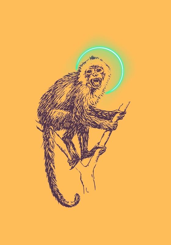 A sketch of a monkey in between the branches of a tree against an orange background. There is a blue circle around the monkeys head. 